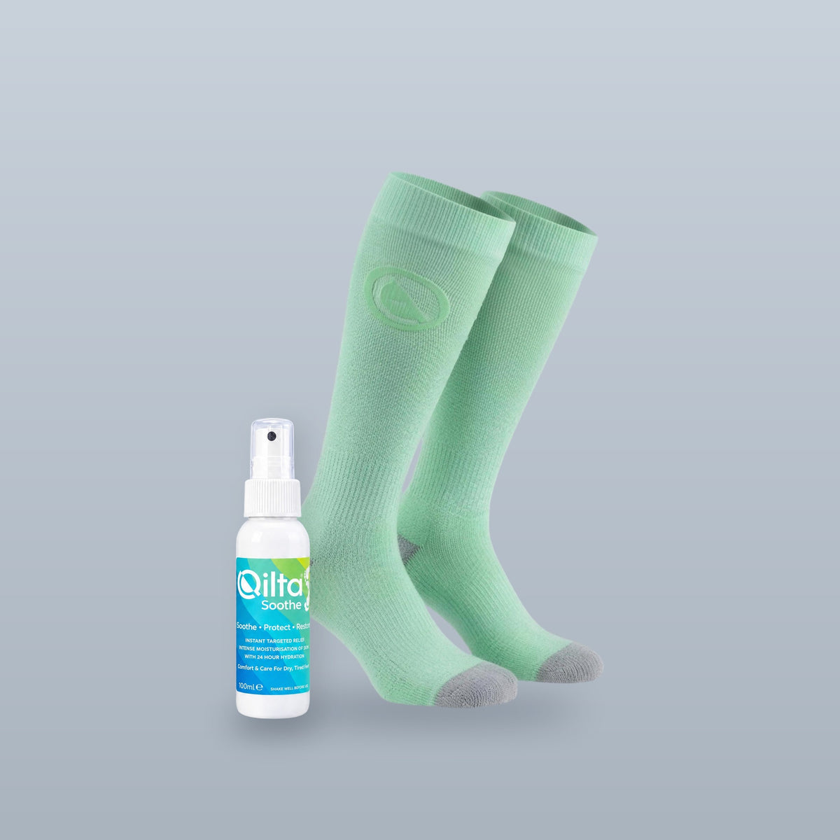 QILTA Soothe 100ml foot spray with green QILTA Long Socks bundle